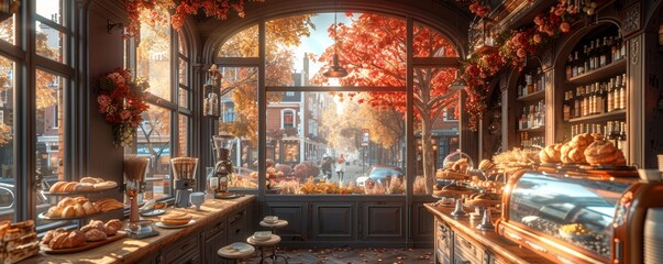 Cozy Autumn Bakery with Fresh Pastries and Warm Decor in a Charming Street Setting