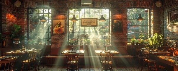 Cozy Sunlit Cafe Interior with Rustic Brick Walls and Wooden Furniture in Warm Morning Light