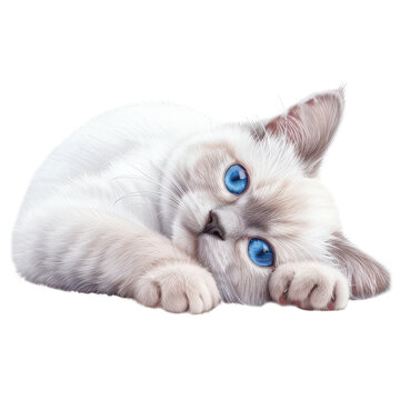 recommend clip art: Fluffy white kitten with blue eyes lying down and resting head on paws in watercolor cartoon style on transparent background clipart