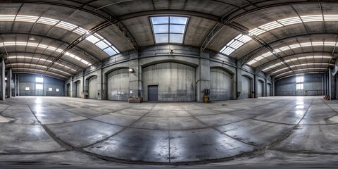 Dark concrete industrial hall studio 360 degrees hdri panorama, perfect for virtual reality projects, industrial, concrete, dark, hall