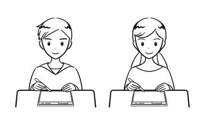 タブレット学習をする小学生の男子女子セット（線画）