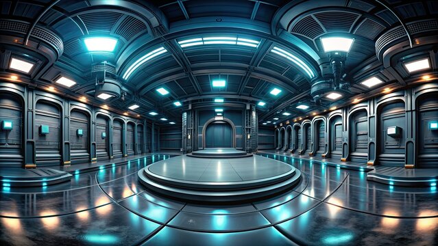 Dark futuristic industrial room with podium, 360 panorama vr environment map, render , futuristic, industrial, room, podium