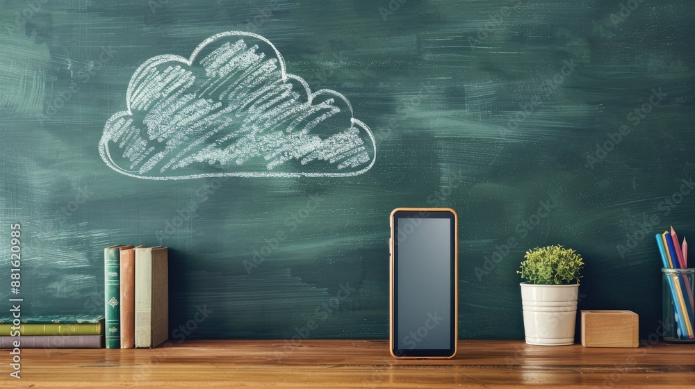 Poster smartphone displaying cloud computing in front of blackboard