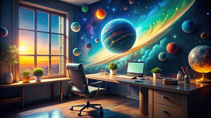 Fantasy-inspired workspace with a cosmic theme