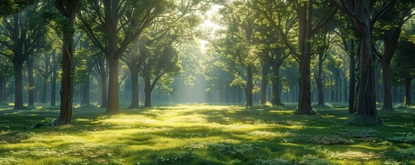 Obraz premium Sunlight Filtering Through Trees in a Serene Forest with Lush Greenery and Soft Shadows