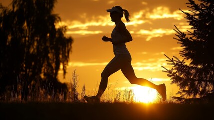 A woman jogs at sunset
