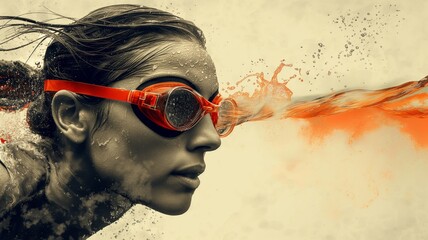 A swimmer with red goggles creating an orange water splash  olympic advertising idea