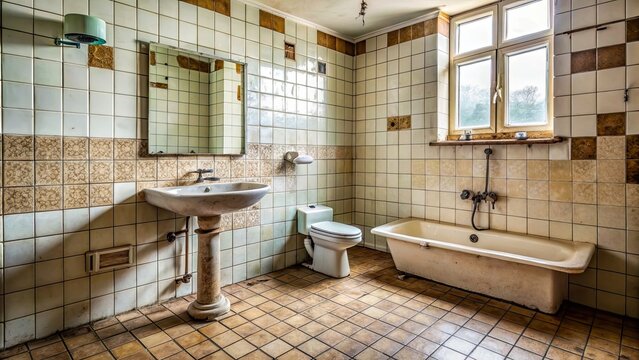 Vintage, rundown bathroom with chipped tiles and old fixtures, retro, dirty, grunge, aged, vintage, shabby, outdated, neglected