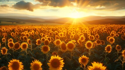 Fototapeta premium Aerial view of a sunflower field at sunset, golden light and long shadows