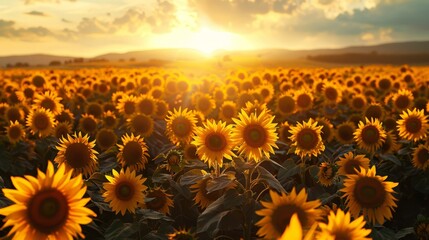 Obraz premium Aerial view of a sunflower field at sunset, golden light and long shadows