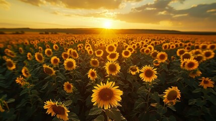 A vast sunflower field bathed in the warm light of a summer sunset, creating a stunning and serene landscape.