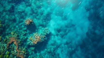 Fototapeta premium A stunning aerial view of a vibrant coral reef near a lush coastline, showcasing the beauty of marine and terrestrial ecosystems.