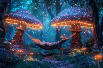 Transports viewers to a magical world with a whimsical hammock scene in a forest.