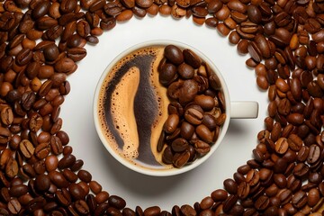 Coffee beans are put in a cup of coffee and tones of coffee beans around it