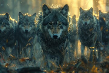 Fototapeta premium Depicts the predatory instinct and teamwork of wolves hunting in their natural habitat.