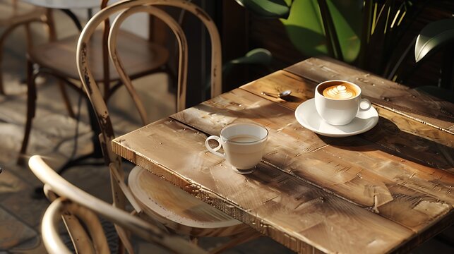 Milk based coffee or latte art java served on an oak table in a coffee shop