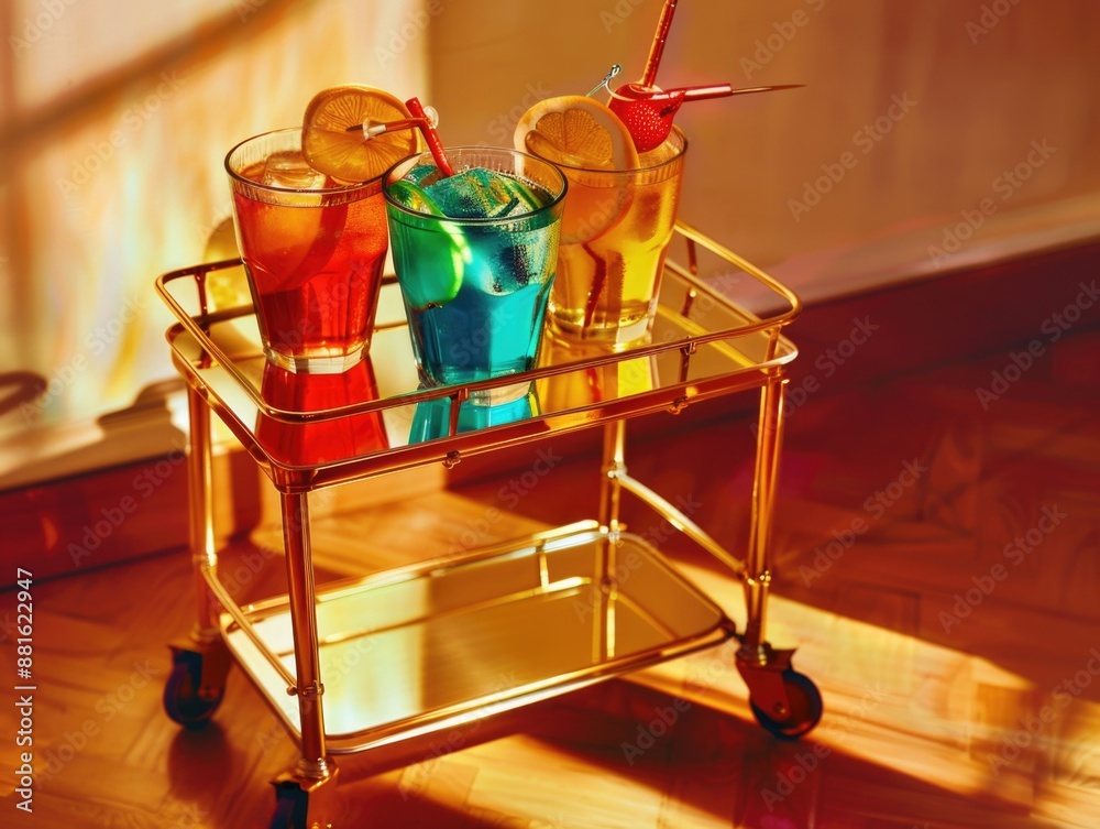 Poster Tray of colorful drinks with gold tray and wooden floor