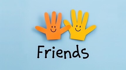 National Friendship Day. The word "Friends" is written an isolated light blue background, with two orange and yellow paper cutout hands next to it. cute cartoon design for kids' jeans brand marketing.