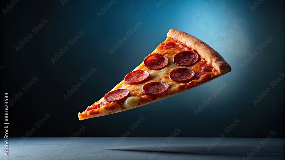 Wall mural Pepperoni pizza slice hovering in mid-air, flying, pepperoni, pizza, slice, food, delicious, Italian, cheese, crust, topping