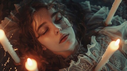 Woman is laying in pool of water with candles surrounding her