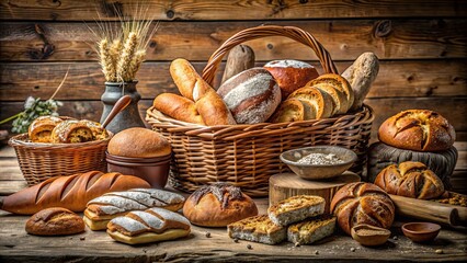 Rustic bakery scene with an assortment of freshly baked bread and pastries, rustic, bakery, scene, loaves, bread, pastries