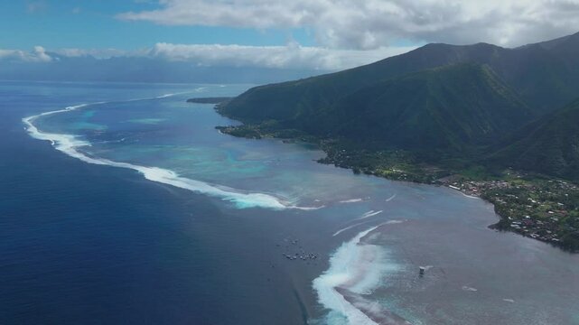 Coastal Teahupoo Tahiti aerial drone view French Polynesia coral reef surf break waves Pacific Ocean channel boats cloudy sunny judge tower surfing contest Point Faremahora Pass Havae circle left