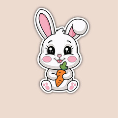 Cartoon-style sticker featuring a cute white bunny, expressive black eyes, pink cheeks, and a small pink nose and holding an orange carrot