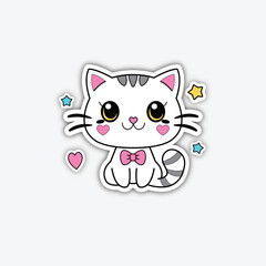 Cute, cartoon-style sticker featuring a white cat with large, expressive yellow eyes and a small pink nose. The cat has pink blush marks on its cheeks, a pink bow tie, and black stripes on its head an