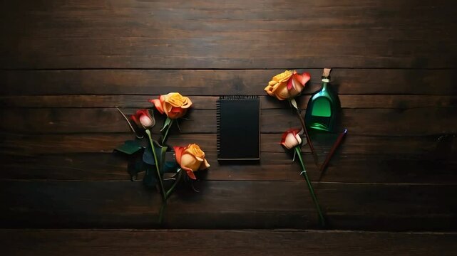 Top view of a black colored sheet on a wooden table, roses near the sheet, a calligraphy pen on the right side, bottle of Attar near the sheet