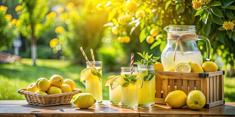 Lemonade stand set up in a sunny garden with fresh lemons , lemonade, stand, fresh, lemons, garden, sunny, homemade, beverage