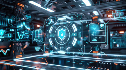 A futuristic digital security interface displaying holographic locks and data streams