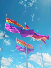 Three flags with rainbow colors are flying in sky