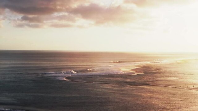 Golden hour Teahupoo Tahiti French Polynesia islands aerial drone sunset Coral Reef famous surf wave slow motion Paris summer Olympics 2024 dreamy Passe Havae Faremahora Pacific Ocean upward