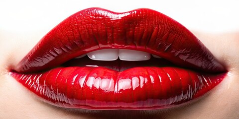 Obraz premium Seductive red lips with a glossy finish, seductive, glamourous, sensual, attractive, beauty, makeup, close-up, cosmetic