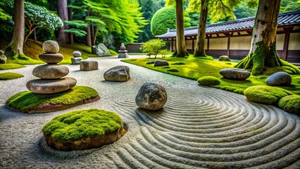 Serenity exudes from meticulously arranged stones and moss in a tranquil, minimalist Japanese-inspired garden, evoking feelings of calm contemplation.