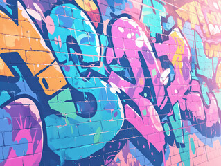 colorful graffiti on a brick wall with abstract shapes and vibrant colors creating a bold and energetic urban art scene