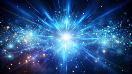 Naklejka premium Celestial burst of radiant blue sparks, glares, and flares exploding in abstract flight on dark, mystical background with whimsical dust particles.