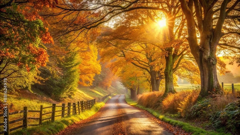 Poster Picturesque country lane winding through idyllic autumn landscape with warm ethereal glow, country lane, winding, autumn