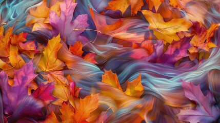The vibrant hues of autumn leaves are mixed with the flowing forms of water streams, creating a dynamic and colorful abstract background. 