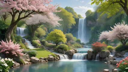 scene of tranquil garden with trees in bloom, waterfalls and a river, the essence of Eden