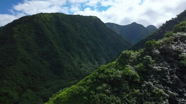Green jungle bush Mountains peaks of Teahupoo Tahiti aerial drone view French Polynesia Point Faremahora Pass Havae Pacific Ocean costal small town cloudy sunny forward pan up reveal