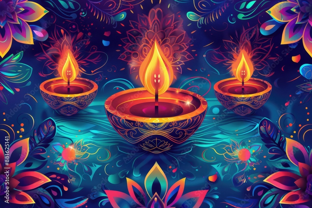 Sticker Colorful painting of three lit candles in bowls with blue background