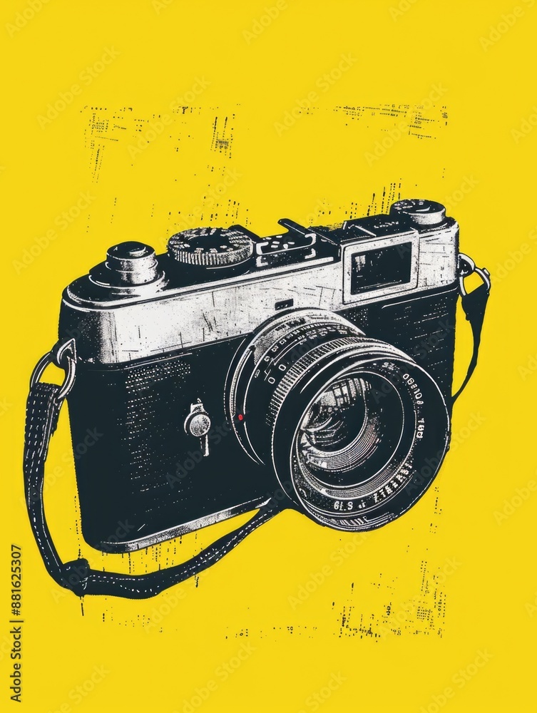 Wall mural Black and white camera with yellow background