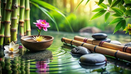 Serenity abounds in tranquil zen garden scene with bamboo, flowers, and water surrounding carefully placed stones for relaxation and wellness.