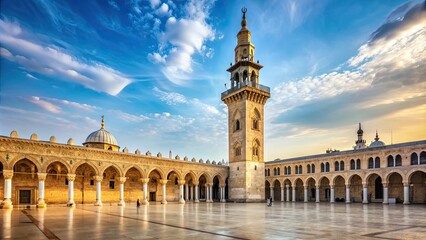 Fototapeta premium Historic Western Minaret of Qaitbay on Umayyad Mosque in Damascus , mosque, minaret, architecture, landmark, Syria