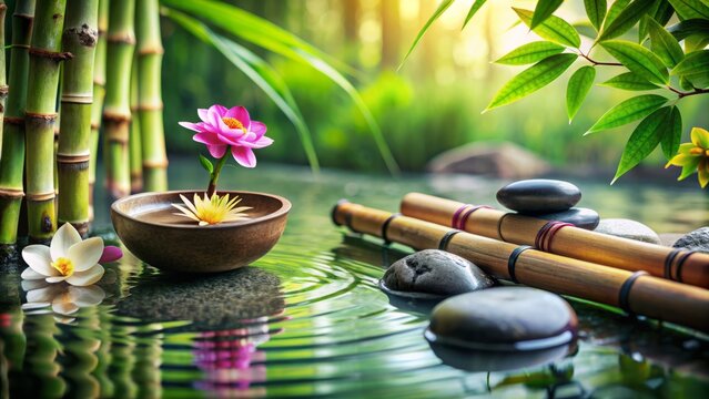 Serenity abounds in tranquil zen garden scene with bamboo, flowers, and water surrounding carefully placed stones for relaxation and wellness.