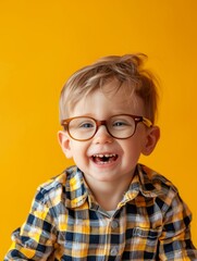 A happy little boy wearing glasses on a yellow abstract background is perfect for wallpaper and background
