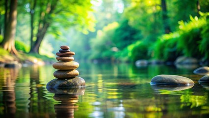 Obraz premium Serenity scene featuring stacked Zen stones in calm river water with blurred green trees and surrounding foliage in background copy space.
