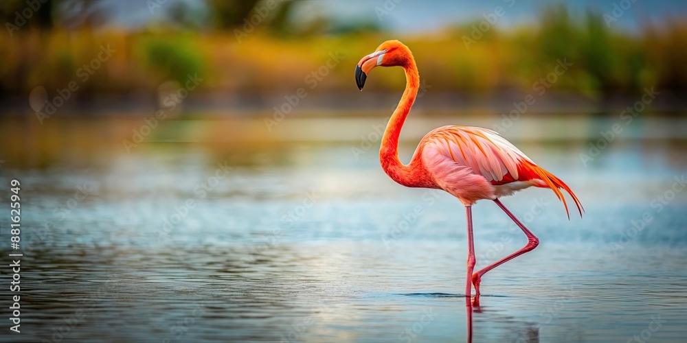 Sticker Majestic flamingo standing elegantly in shallow water, flamingo, bird, wildlife, pink, feathers, elegant, beautiful, nature