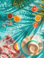 Obraz premium Beach scene with hat, towel, and bunch of fruit